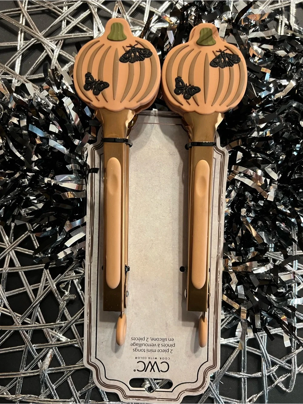 2 Silicone Harvest Pumpkins with Black Moths Tongs Halloween Bronze Metal Handle